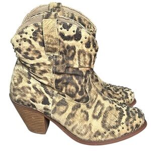 Dingo leopard print leather studded ankle western cowboy boots